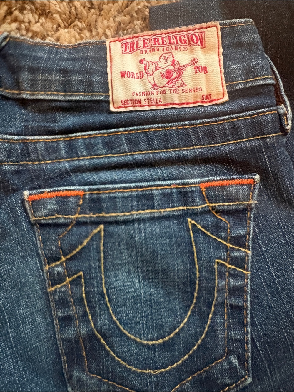 True Religion Women's Dark Blue Skinny Jeans with Orange Accent Stitch
